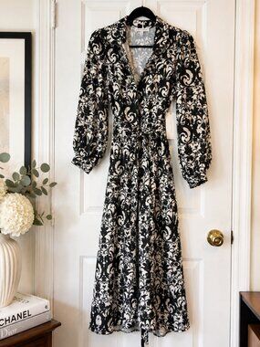 NWT Julia Jordan Black Ivory Baroque Print Wrap Midi Dress Size 8